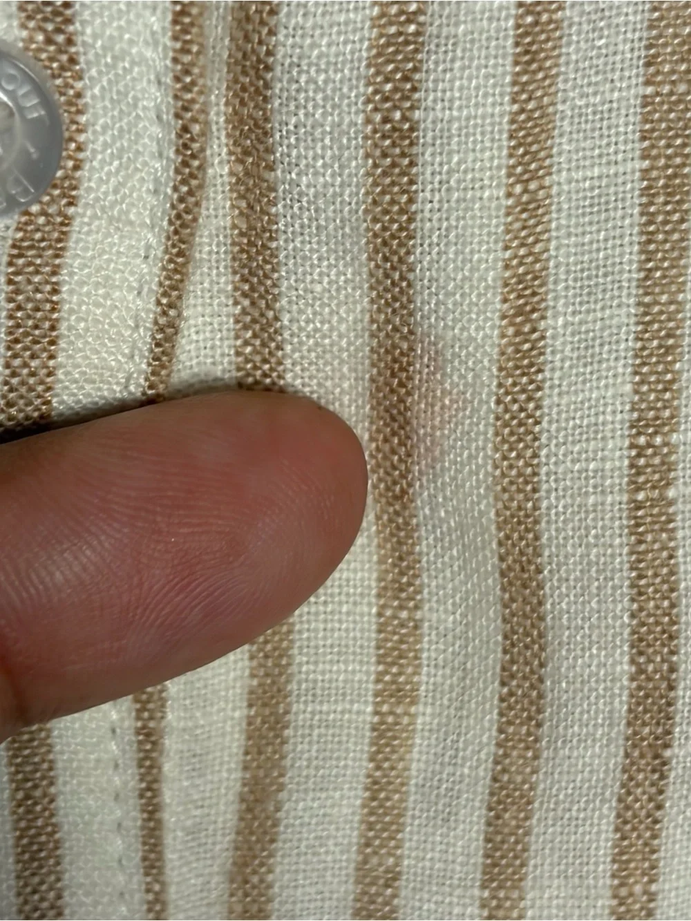 Barbour Striped Button Up 100% Linen Shirt Tan Beige Women’s 12 TINY STAIN